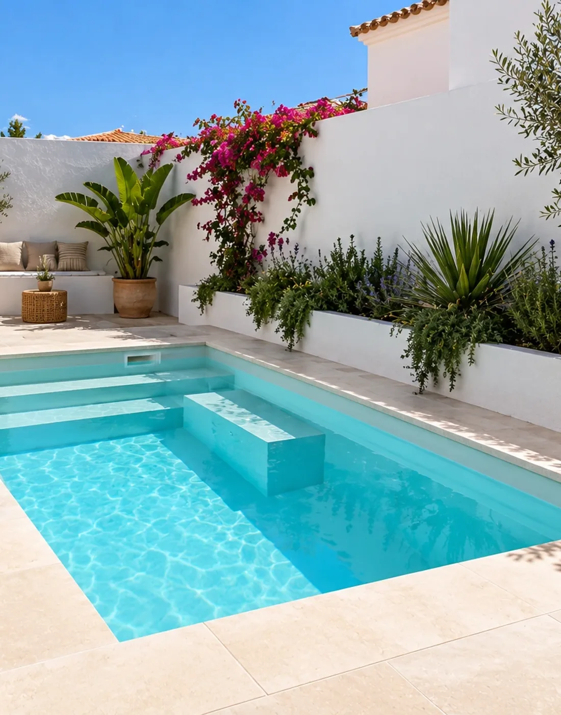 Piscina de poliéster en un patio andaluz con paredes blancas y plantas mediterráneas